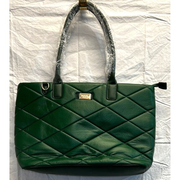 Hunter Green Quilted Leather Tote Bag With Top Handles And Zipper Closure - Picture 1 of 4